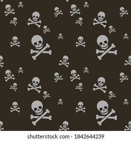 simple vector flat art seamless pattern of white human skull with two crossed bones on a black background 