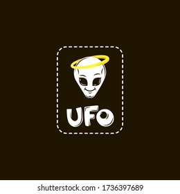 simple vector flat art sticker of alien smiling face with a halo on a black background