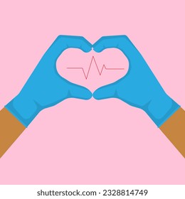 Simple vector flat design of doctor hand wearing glove making heart and take care symbol, save life and friendship take care concept, editable shape object copy space for text and design, vector eps10