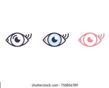 Simple vector flat eye icon with long curly eyelashes.Thin line in dark gray,purple and pink. Colorful blue iris with round flare.Eyesight pictogram isolated on white background. For medical or beauty