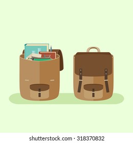 Simple Vector Flat Icon Of Open And Closed School Backpacks.