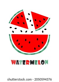 simple vector flat style illustration, card with cut pieces of watermelon and lettering isolated on white background