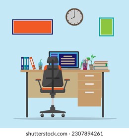 Simple vector flat style of office desk workspace, chair, desk, laptop, file folder and another comfortable thing, stationary for officer copy space for text or design, editable shape and object