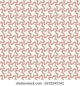 Simple vector floral geometric ornament. Abstract minimal seamless pattern with small flower silhouettes, leaves, repeat tiles. Stylish background texture in soft pink color. Elegant geo design