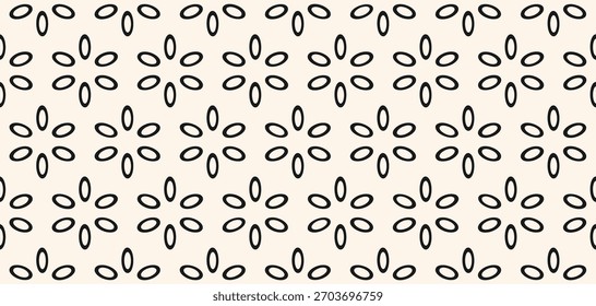 Simple vector floral geometric ornament. Black and white seamless pattern with abstract flowers, leaves in oriental style. Luxury minimal background. Monochrome geo texture. Repeating modern design