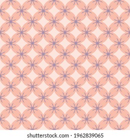 Simple vector floral geometric seamless pattern. Elegant ornament texture with flower silhouettes, diamonds, squares, crosses. Stylish ornamental background. Lilac, pink, white color. Repeat design