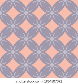 Simple vector floral geometric seamless pattern. Elegant ornament texture with flower silhouettes, diamonds, squares, crosses. Stylish ornamental background. Lilac and pink color. Repeatable design