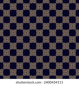 Patrón simple vectorial floral geométrico sin costuras. Resumen de decoración geométrica de lujo con flores pequeñas de estilo oriental. Fondo de mosaico negro y dorado. Textura ornamental mínima. Repetir diseño