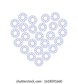 Simple vector floral illustration of a heart shape filled with outline blue fancy flowers, suitable for greeting cards and invitations for holiday event