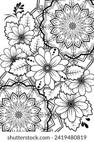 Simple vector floral mandala coloring book for adults. Bouquet of abstract flowers surrounded by mandalas. Openwork outline patterns for coloring.