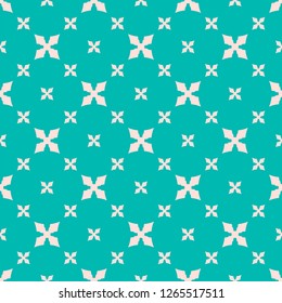 Simple vector floral seamless pattern. Cute colorful geometric texture with small flower silhouettes, crosses. Elegant abstract ornamental background. Turquoise and pink color. Repeatable design