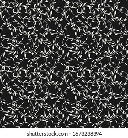 Simple vector floral seamless pattern. Abstract monochrome background with leaves, branches, curly twigs. Elegant black and white minimal botanical texture. Subtle dark repeat design for decor, print 