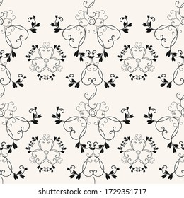Simple vector floral seamless pattern. Black and white ornament with small leaves, curved branches, twigs. Abstract monochrome vintage background. Damask pattern. Subtle repeat design for wallpapers