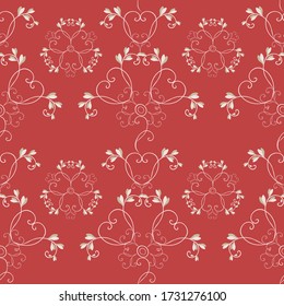 Simple vector floral seamless pattern. Elegant red ornament with small leaves, curved branches, twigs. Abstract vintage background. Damask pattern. Subtle repeat design for wallpapers, textile, cloth
