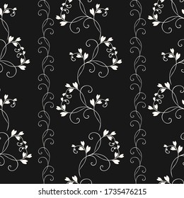 Simple vector floral seamless pattern. Black and white ornament with small leaves, curved branches, twigs. Abstract monochrome vintage background. Dark repeat design for wallpapers, fabric, covers