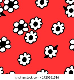 Simple vector floral seamless pattern. Black-white chamomile flowers on a bright red background. For fabric prints, textile products, wrapping paper, clothing, curtains, home decor.