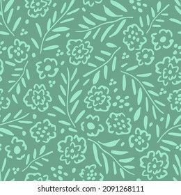 Simple vector floral seamless pattern in rural style. Small light flowers, twigs, leaves on a green-blue background. For printing on textiles, wrapping paper, clothing, bedding, stationery.