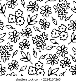 Simple vector floral seamless pattern in rustic style. Small black flowers, twigs, leaves on a white background. For printing on textiles, wrapping paper, clothing, stationery.