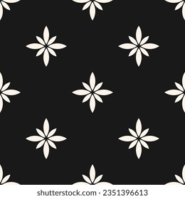 Simple vector floral seamless pattern. Abstract monochrome geometric ornamental texture with flower silhouettes. Black and white simple ornament in oriental style. Dark repeated background design