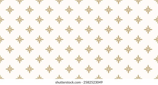 Simple vector floral seamless pattern. Abstract minimal golden geometric ornamental texture with small flowers. Gold and white ornament in oriental style. Luxury geo background. Repeating design