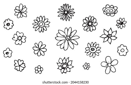 Simple vector flower doodle set. Hand drawn outline icon. Floral illustration isolated on white background. For print, web, design, decor, logo.