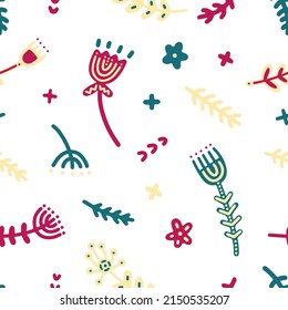 Simple vector folklore pattern in scandinavian style. Floral botanical print with flowers, twigs and cross stitch for textile, background, decor, wrapper, cards, interior, clothes, kids