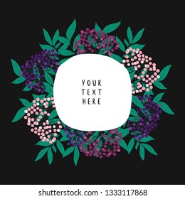 simple vector frame border template with berries and leaves on dark background. beautiful flowers border for wedding invitations, cards and posters 