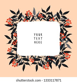 simple vector frame border template with berries and leaves on pastel pink background. beautiful flowers border for wedding invitations, cards and posters 