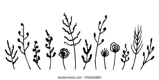 Simple vector freehand black outline set. Delicate flowers, twigs, leaves, bouquets, field herbs in a rustic style on a white background. Elements of nature, plants for decoration, pattern creation.