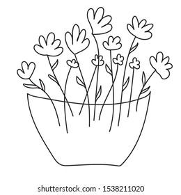 Simple vector freehand drawing with a black line. Bouquet of spring flowers in a glass vase. For the decor of postcards, coloring books, clothes, notebooks.