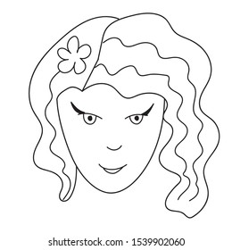 Simple vector freehand drawing with a black line. Cute smiling young girl with wavy hair and a flower. For fashion and beauty design.