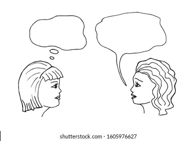 Simple vector freehand drawing in black outline. Lovely girlfriends, women talk, gossip. Thoughts, speech bubbles with empty space for utterance, words.