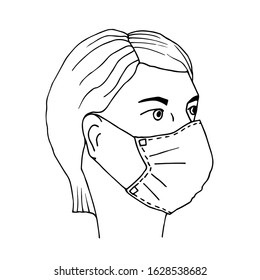 Simple vector freehand drawing in black outline. Man in a medical mask, head. Protection against germs, viruses. Respiratory diseases, flu.
