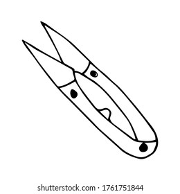 Simple vector freehand drawing in black outline. Scissors isolated on a white background. Tool for sewing, darn. Sewing tools, dressmaker.