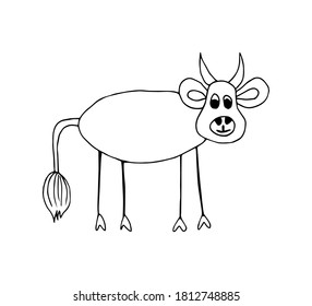 Simple vector freehand drawing in black outline. Funny cartoon bull. The symbol of the New Year 2021. Farm animals, cow.