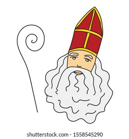 Simple vector freehand drawing. St. Nicholas Day, Sinterklaas in a red miter with a gray beard and a staff. Santa Claus, a festival in the Netherlands and Belgium.