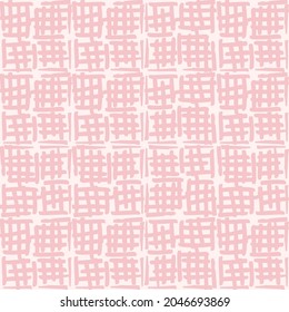 Simple vector geometric abstract seamless pattern. Monochrome pink and white minimalist repeat. Small elements in rows. Graphic texture for fabric, apparel, wallpaper.