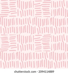 Simple vector geometric abstract seamless pattern. Monochrome pink and white minimalist repeat. Small elements in rows. Graphic texture for fabric, apparel, wallpaper.