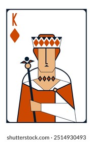 Desenho geométrico vetorial simples representando um rei de diamantes em uma capa vermelha 
