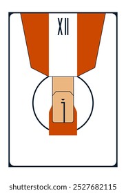 Simple vector geometric drawing depicting a tarot card with a hanging man in white and red colours 