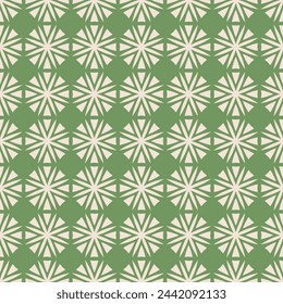 Einfache vektorgeometrische florale Ornamente. Abstraktes grünes und beiges nahtloses Muster mit Blumen in regelmäßigen Raster. Elegante Retro Vintage Stil Hintergrund Textur. Wiederholtes Design für Druck, Textil