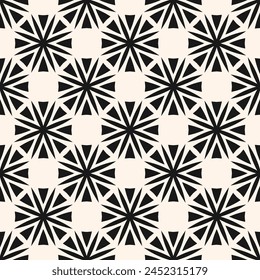 Simple vector geometric floral ornament. Abstract black and white seamless pattern with big flowers in modular grid. Stylish monochrome background texture. Repeated design for print, textile, fabric