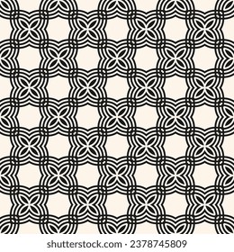 Simple vector geometric floral geometric seamless pattern. Abstract minimal ornament with flower grid, lattice, curved lines, leaves. Black and white background, repeat tiles. Geo texture design