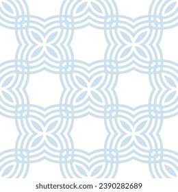 Simple vector geometric floral geometric seamless pattern. Abstract minimal ornament with flower grid, curved lines, leaves. Subtle elegant blue and white background, repeat tiles. Geo texture design
