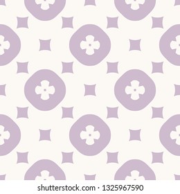 Simple vector geometric floral texture. Abstract seamless pattern with flowers, circles, squares. Lilac and beige color. Minimal repeat background. Delicate design for decoration, wallpapers, clothing