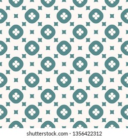 Simple vector geometric floral texture. Abstract seamless pattern with small flowers, circles, squares. Aqua green and white color. Minimal repeat background. Design for decor, textile, wallpapers
