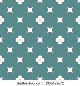 Simple vector geometric floral texture. Abstract seamless pattern with small flower silhouettes, squares. Turquoise and white color. Minimal repeat background. Design for decoration, fabric, textile