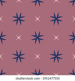 Simple vector geometric floral texture. Abstract seamless pattern with flower silhouettes, crosses, stars. Elegant minimal ornament. Dusty rose, navy blue and beige color background. Repeated design