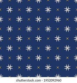 Simple vector geometric floral texture. Abstract seamless pattern with small flower silhouettes, crosses, stars. Elegant minimal ornament. Dark blue, yellow and white color background. Repeat design