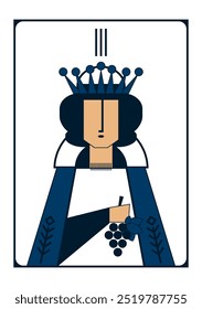 Imagen geométrica de Vector simple de la tarjeta del tarot de la emperatriz en la forma de una mujer coronada con un racimo de uvas en su mano en colores azul oscuro y blanco 